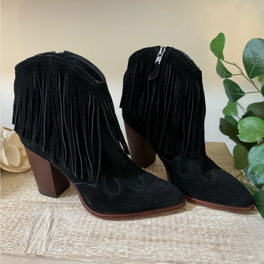 Sam Edelman Black Fringe Suede Booties